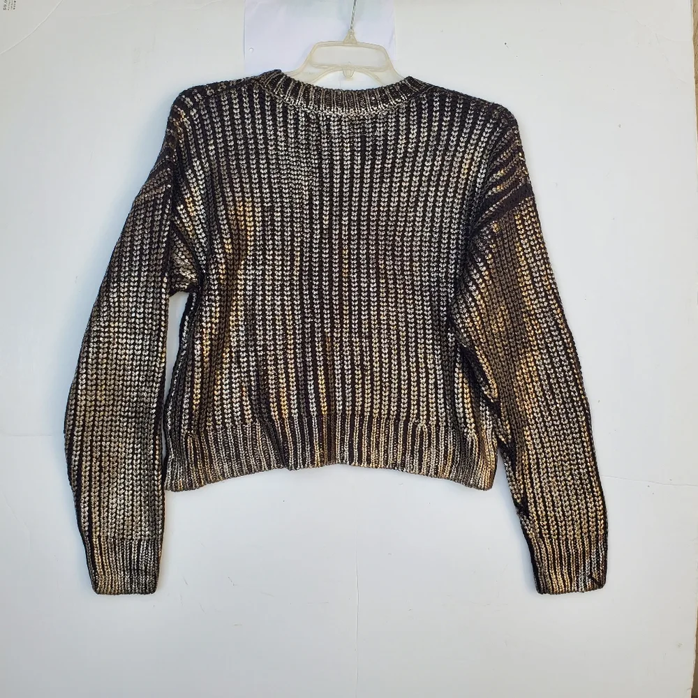 Crop Metallic Gold Black Cable Knit Sweater NWT Size L - Picture 9 of 16